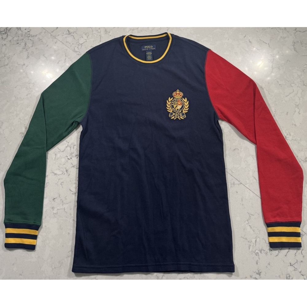 Polo Ralph Lauren Sleepwear Shirt Mens Medium Blue Green Red Waffle Crest Patch